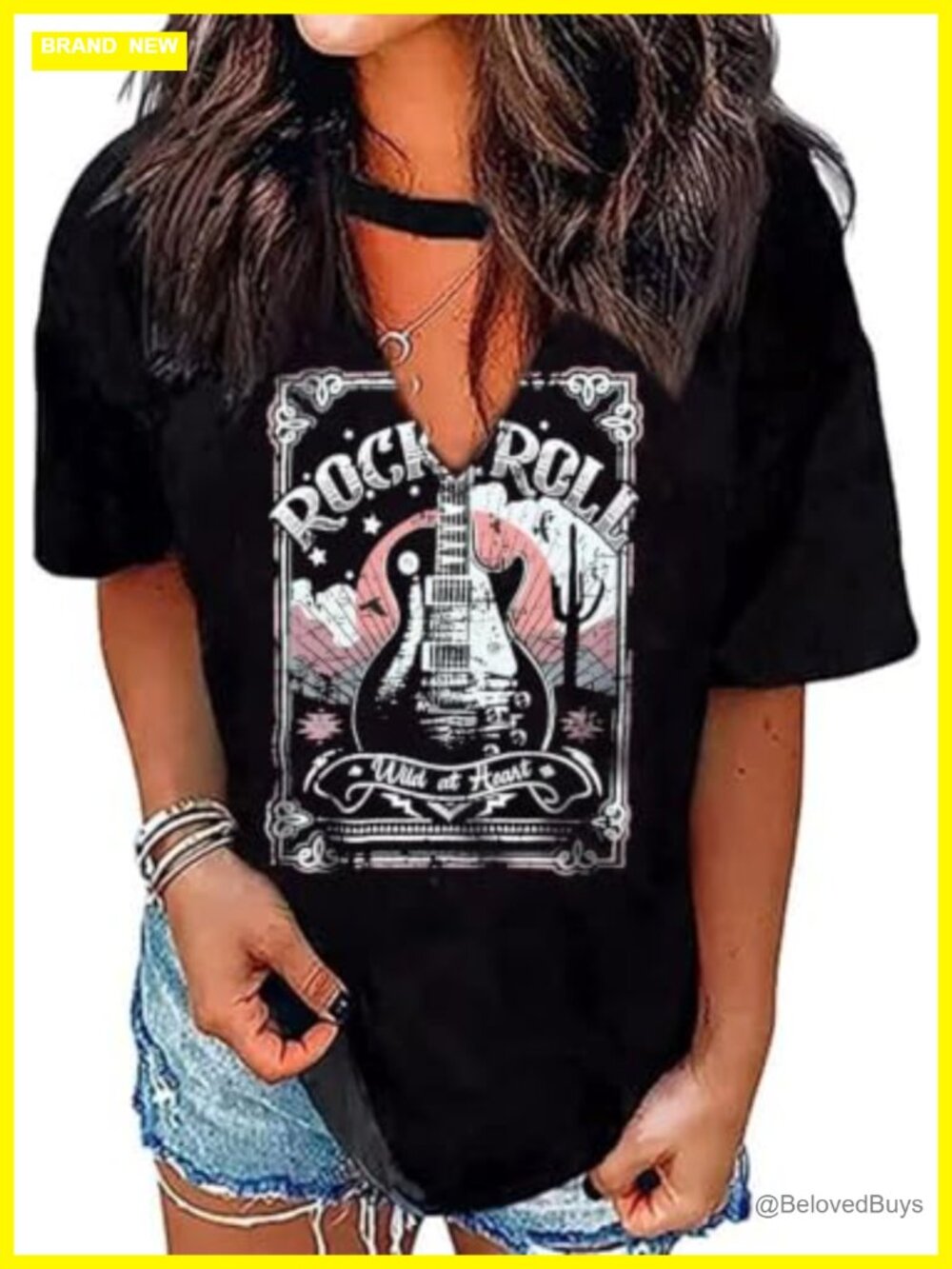 Criss-Cross Hollow Out V-Neck Graphic Tee Rock Band Concert Shirt